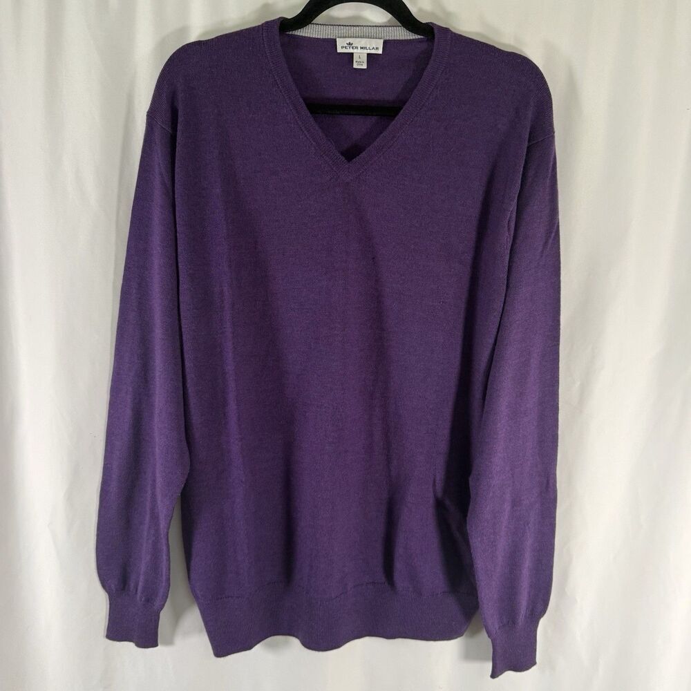 Peter Millar Merino Wool Silk Blend Men's Large Purple V-Neck Long Sleeve Knit